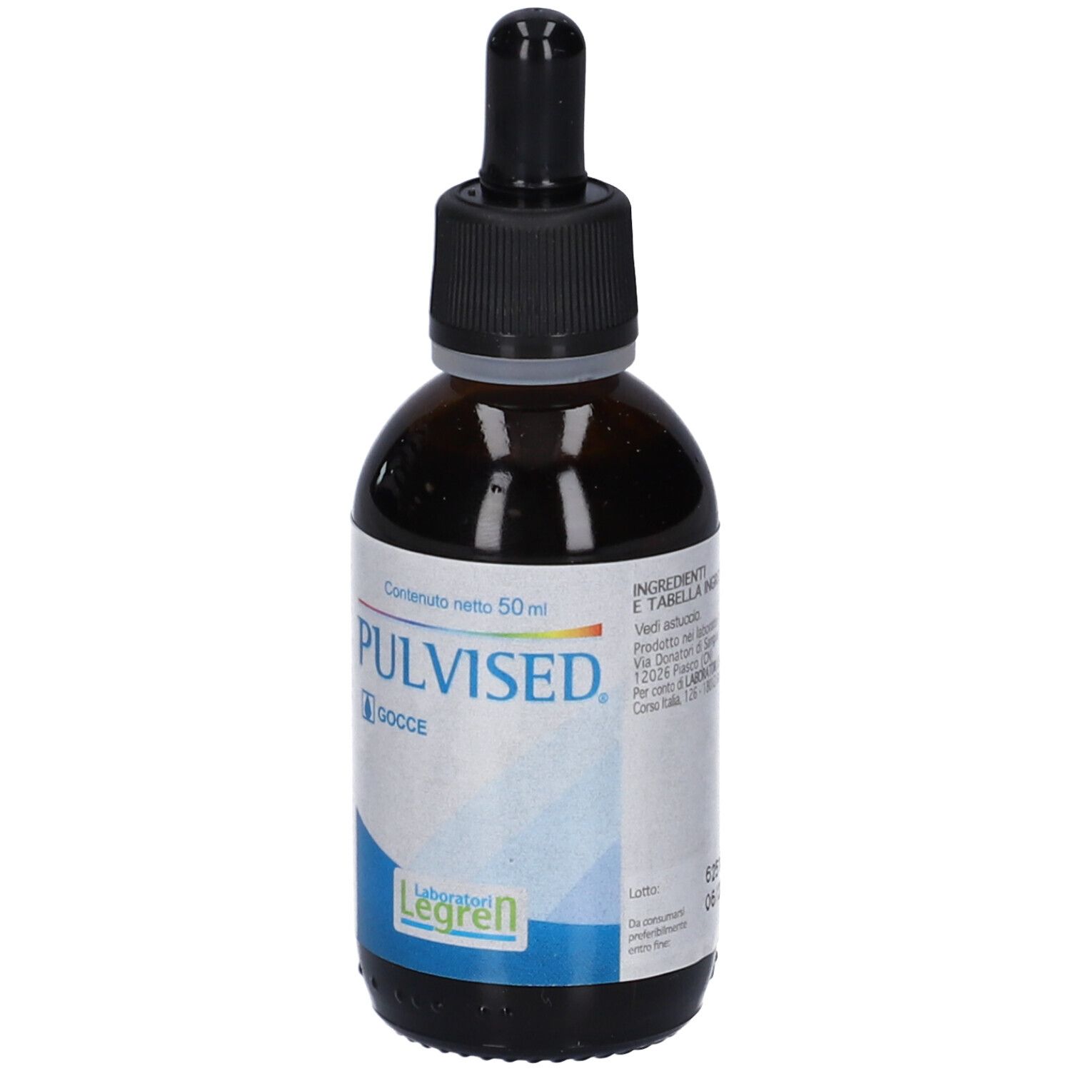 Flacone in vetro marrone con contagocce, etichetta: PULVISED GOCCE 50 ml, Laboratori Legren.