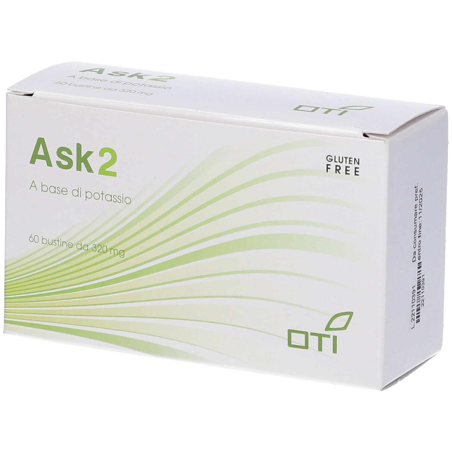 Scatola Ask 2 bianca con linee verdi. Scritta: Ask 2, Senza glutine, 60 bustine.