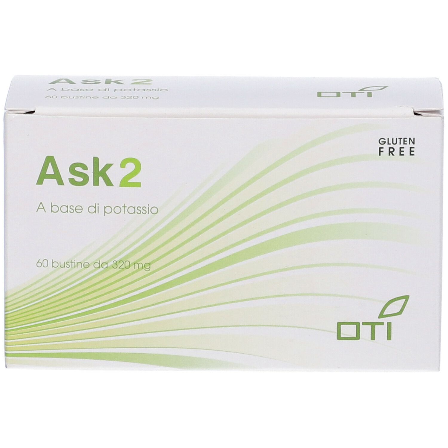Scatola Ask 2 bianca con linee verdi. Scritta: Ask 2, Senza glutine, 60 bustine.