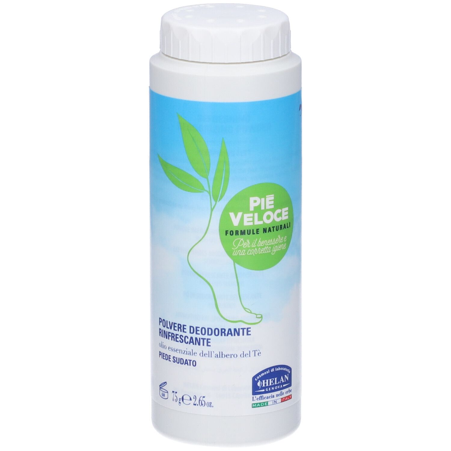 Barattolo bianco con sfondo blu. Scritta: PIE VELOCE, Polvere Deodorante Rinfrescante.