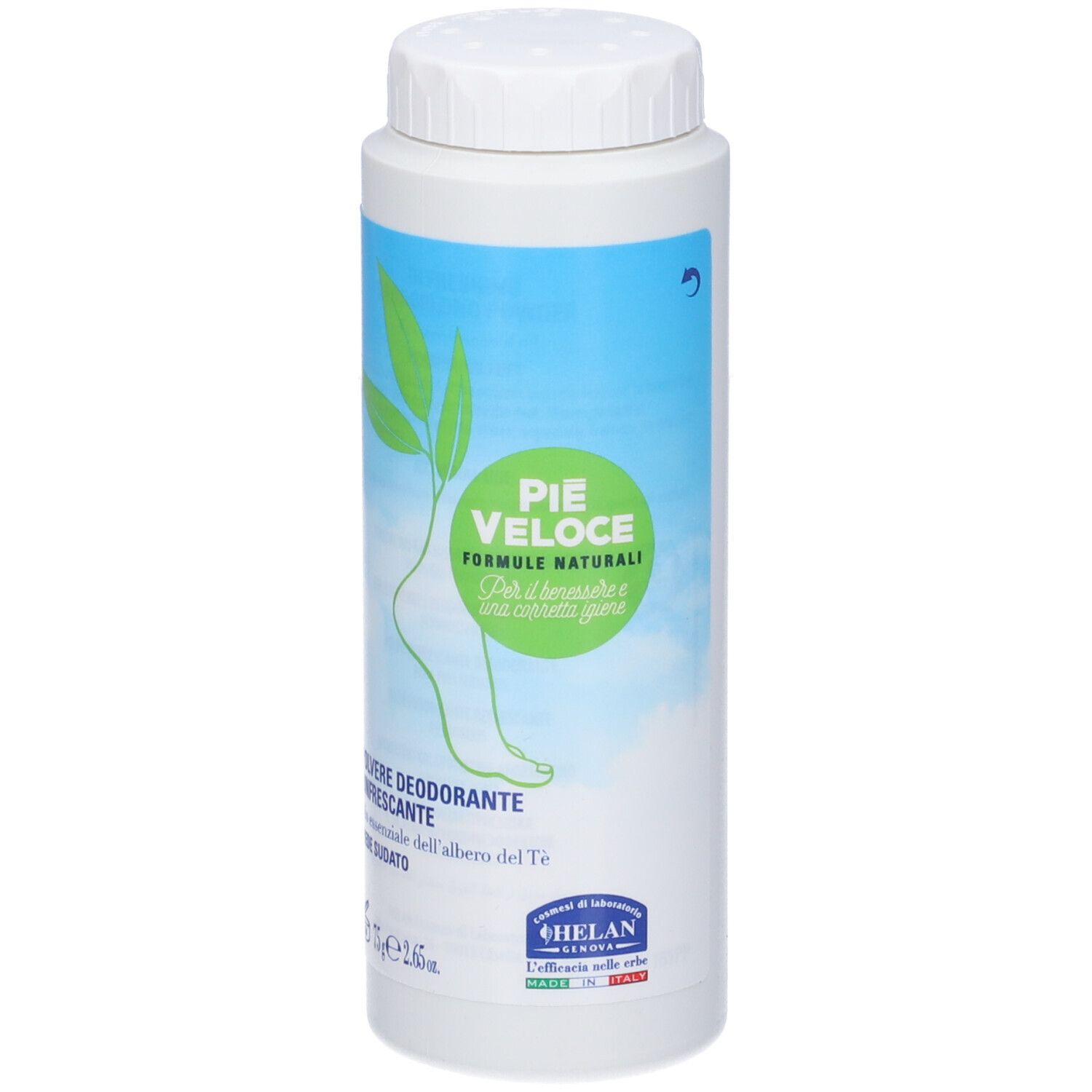 Barattolo bianco con sfondo blu. Scritta: PIE VELOCE, Polvere Deodorante Rinfrescante.