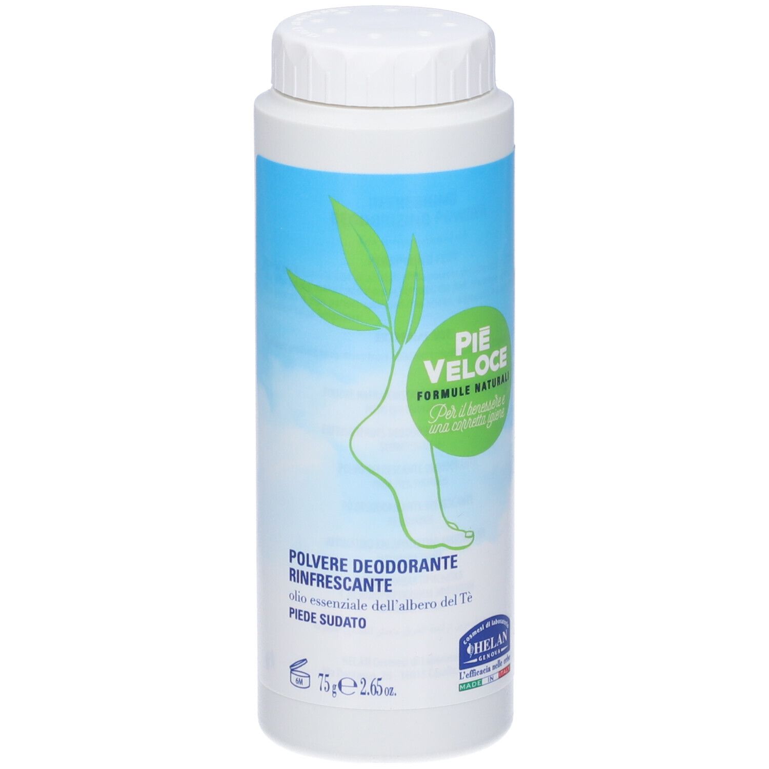 Barattolo bianco con sfondo blu. Scritta: PIE VELOCE, Polvere Deodorante Rinfrescante.