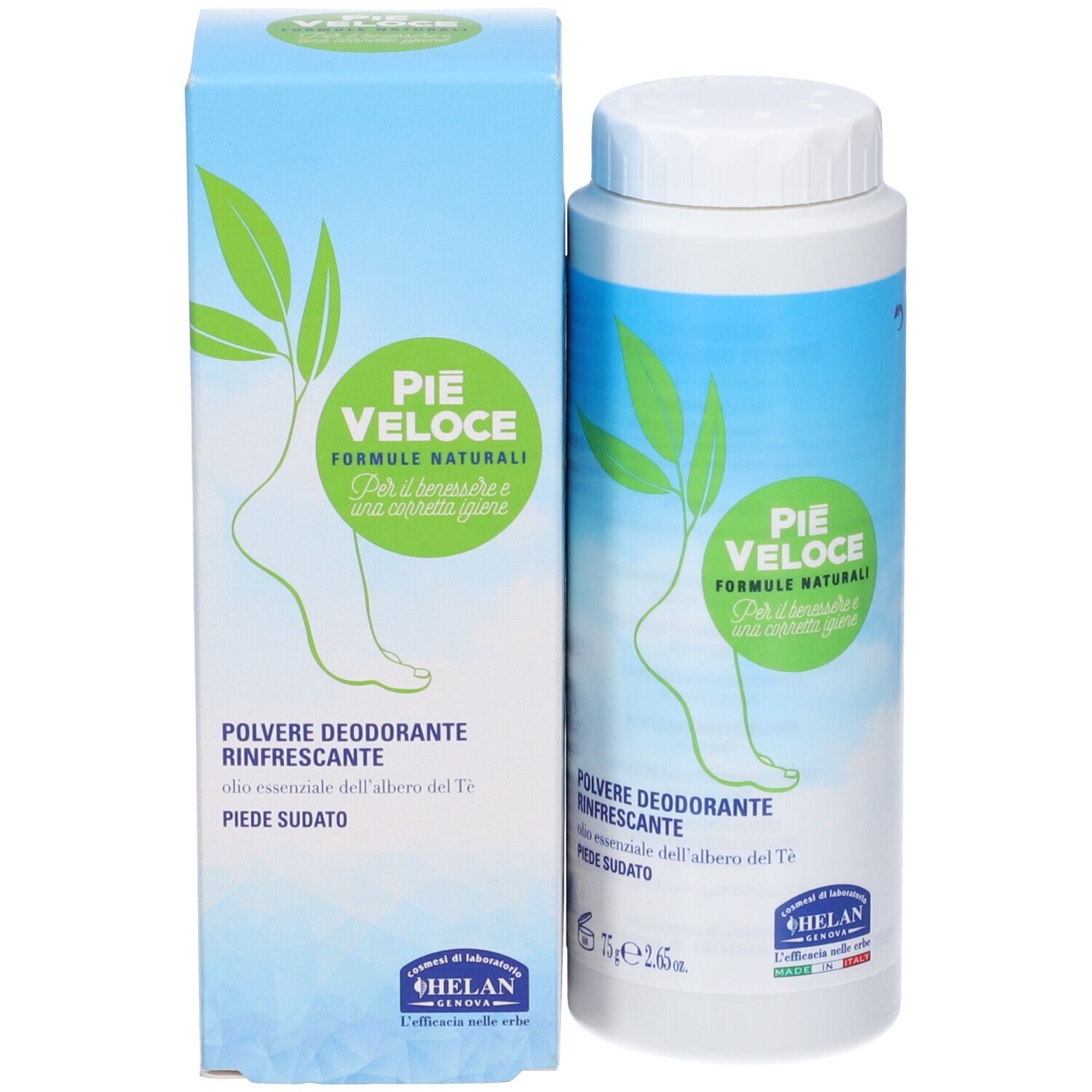 Barattolo bianco e confezione verde. Scritta: PIE VELOCE, Polvere Deodorante Rinfrescante.