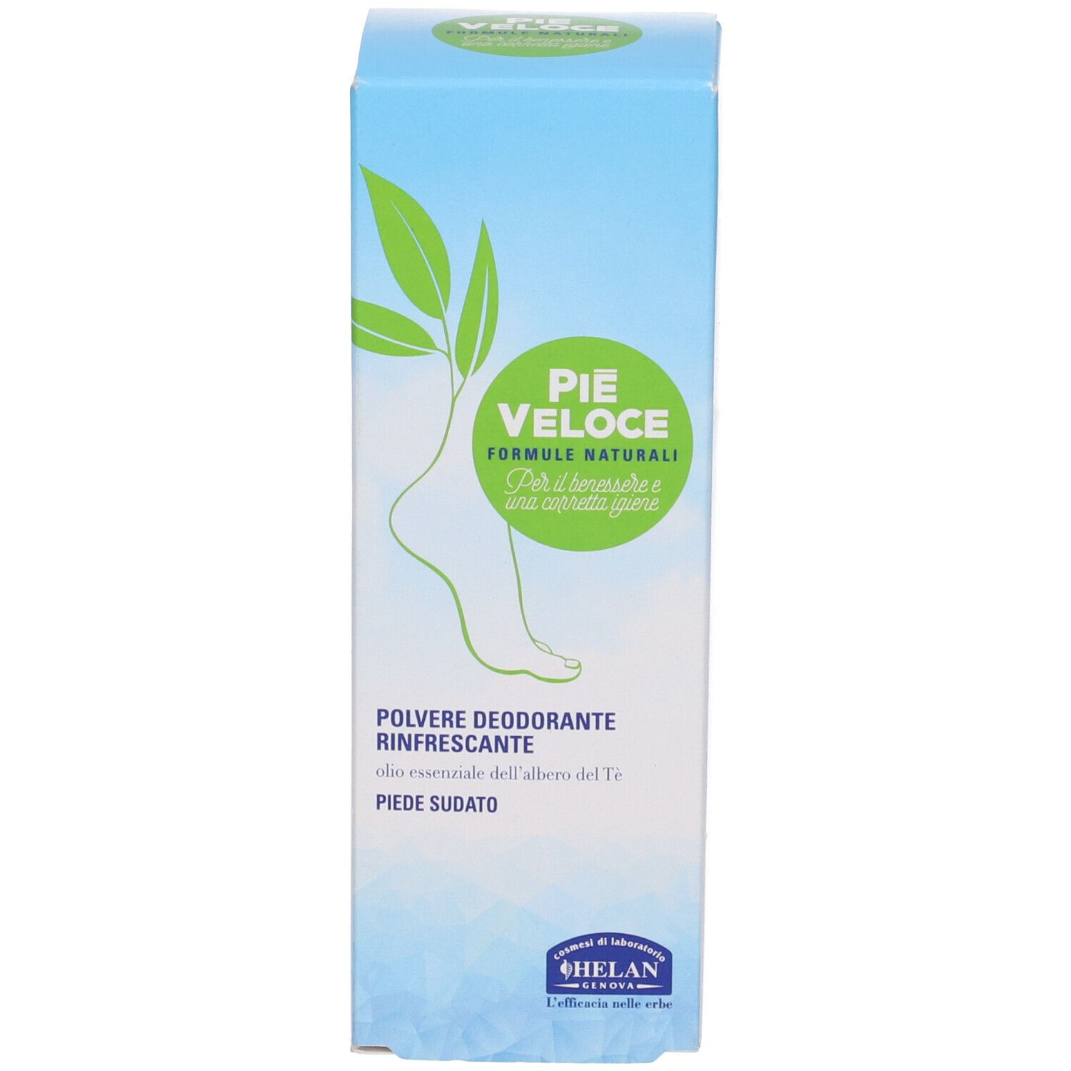 Confezione verde. Scritta: PIE VELOCE, Polvere Deodorante Rinfrescante.