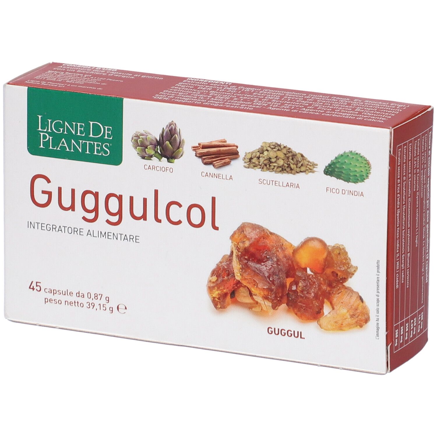 Scatola di capsule Guggulcol. Scritte: Ligne de Plantes, 45 capsule, 0,87 g, 39,15 g. Immagini di piante.