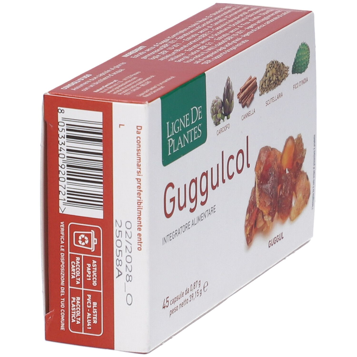 Scatola di capsule Guggulcol. Scritte: Ligne de Plantes, 45 capsule, 0,87 g, 39,15 g. Codice a barre e simboli di riciclaggio.