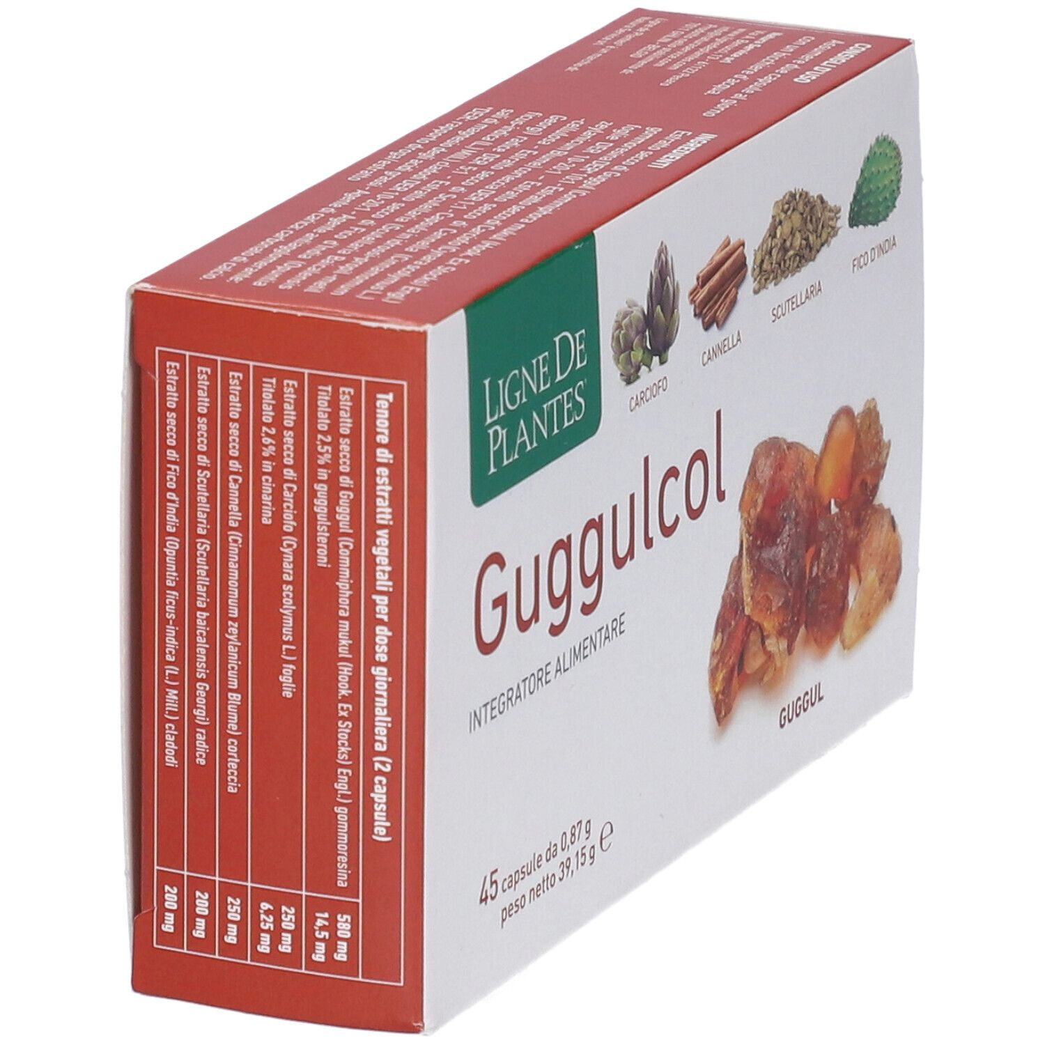 Scatola di capsule Guggulcol. Scritte: Ligne de Plantes, 45 capsule, 0,87 g, 39,15 g. Elenco ingredienti e immagini di piante.