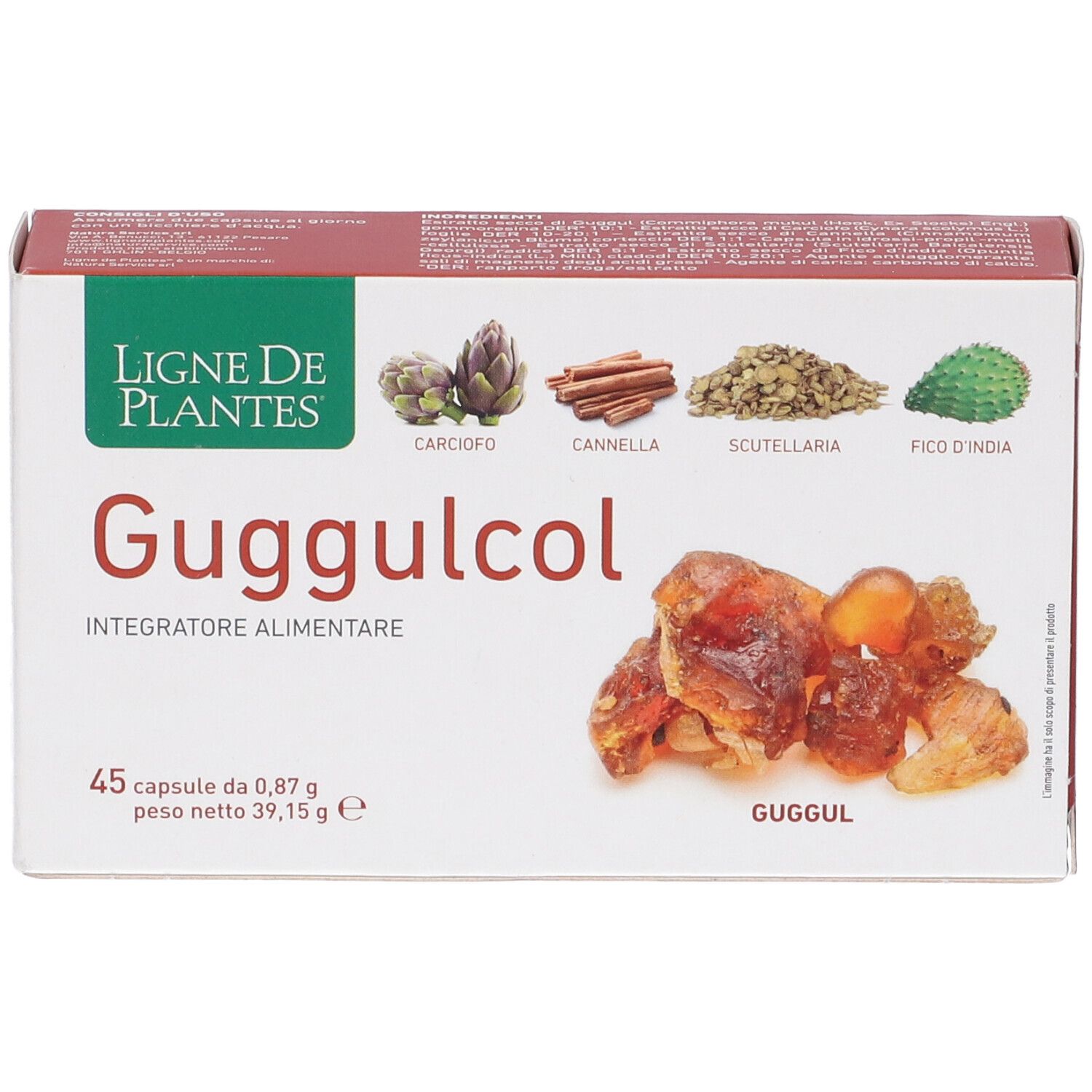 Scatola di capsule Guggulcol. Scritte: Ligne de Plantes, 45 capsule, 0,87 g, 39,15 g. Immagini di piante.