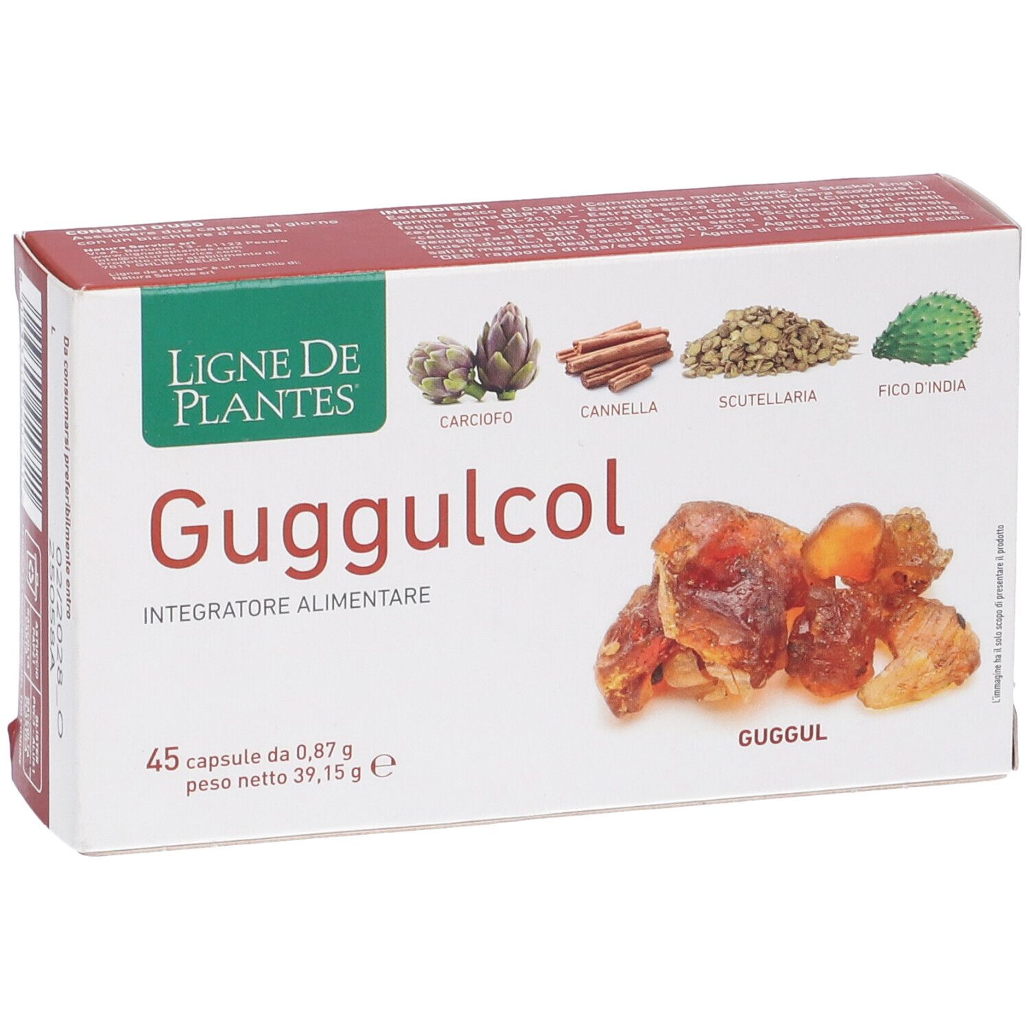 Scatola di capsule Guggulcol. Scritte: Ligne de Plantes, 45 capsule, 0,87 g, 39,15 g. Immagini di piante.