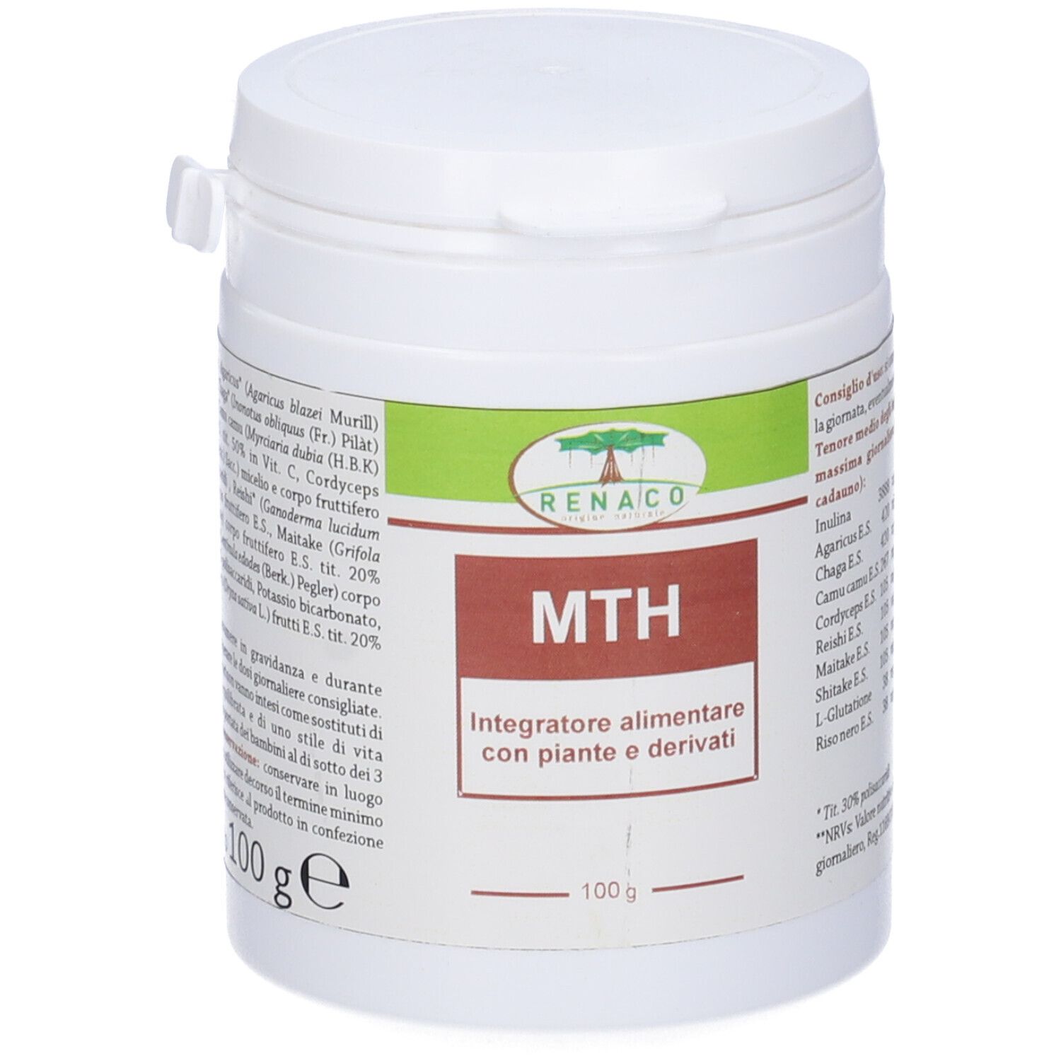 Contenitore bianco con etichetta verde-marrone. Scritta MTH, Integratore alimentare con piante e derivati. 100 g. Elenco ingredienti.