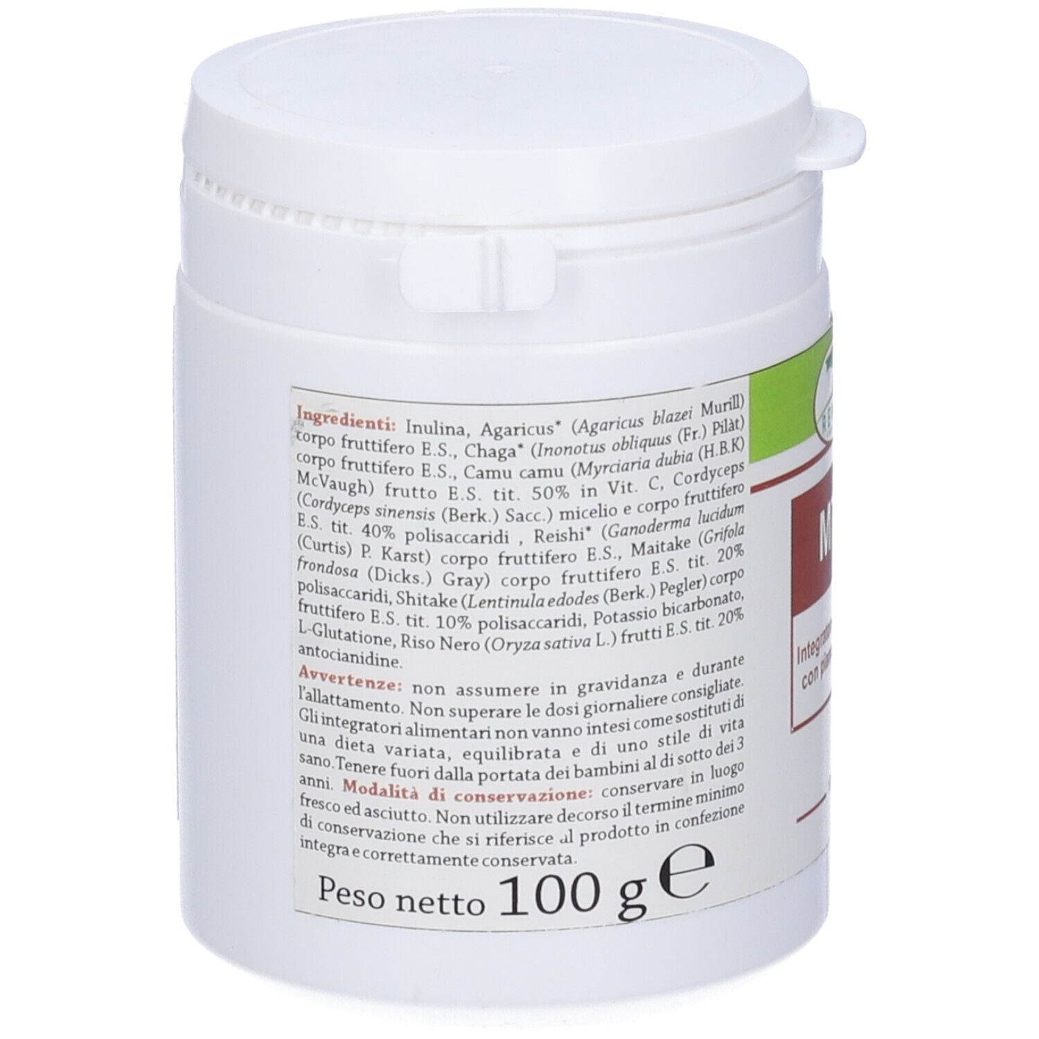 Contenitore bianco con etichetta verde-marrone. Scritta MTH, Integratore alimentare con piante e derivati. 100 g. Elenco ingredienti.