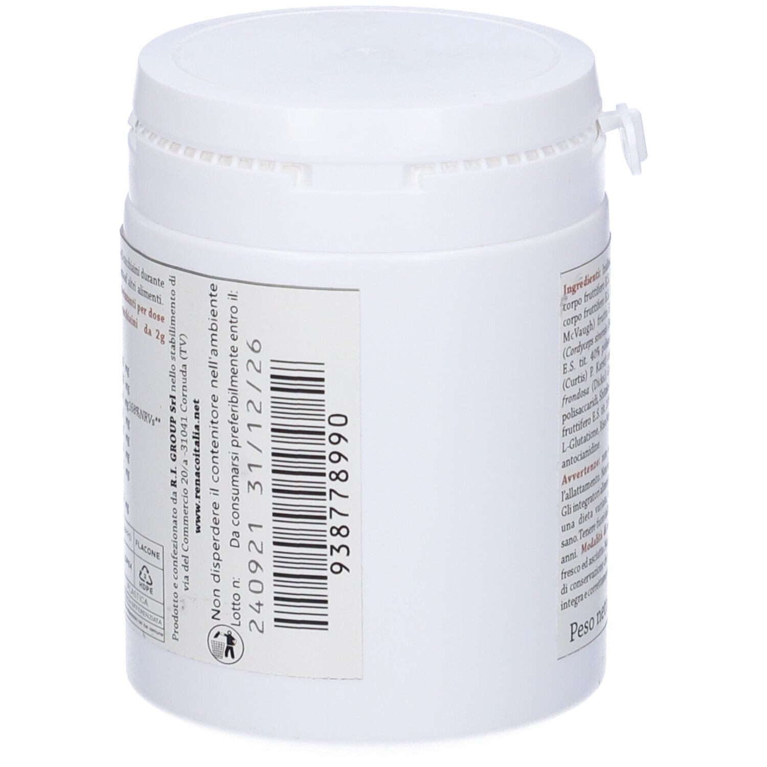 Contenitore bianco con etichetta verde-marrone. Scritta MTH, Integratore alimentare con piante e derivati. 100 g. Retro.