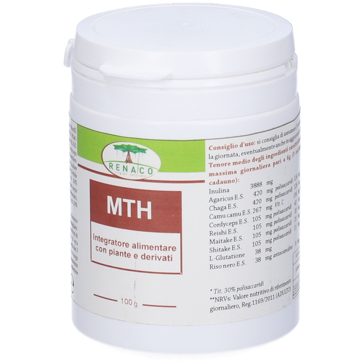 Contenitore bianco con etichetta verde-marrone. Scritta MTH, Integratore alimentare con piante e derivati. 100 g. Elenco ingredienti.