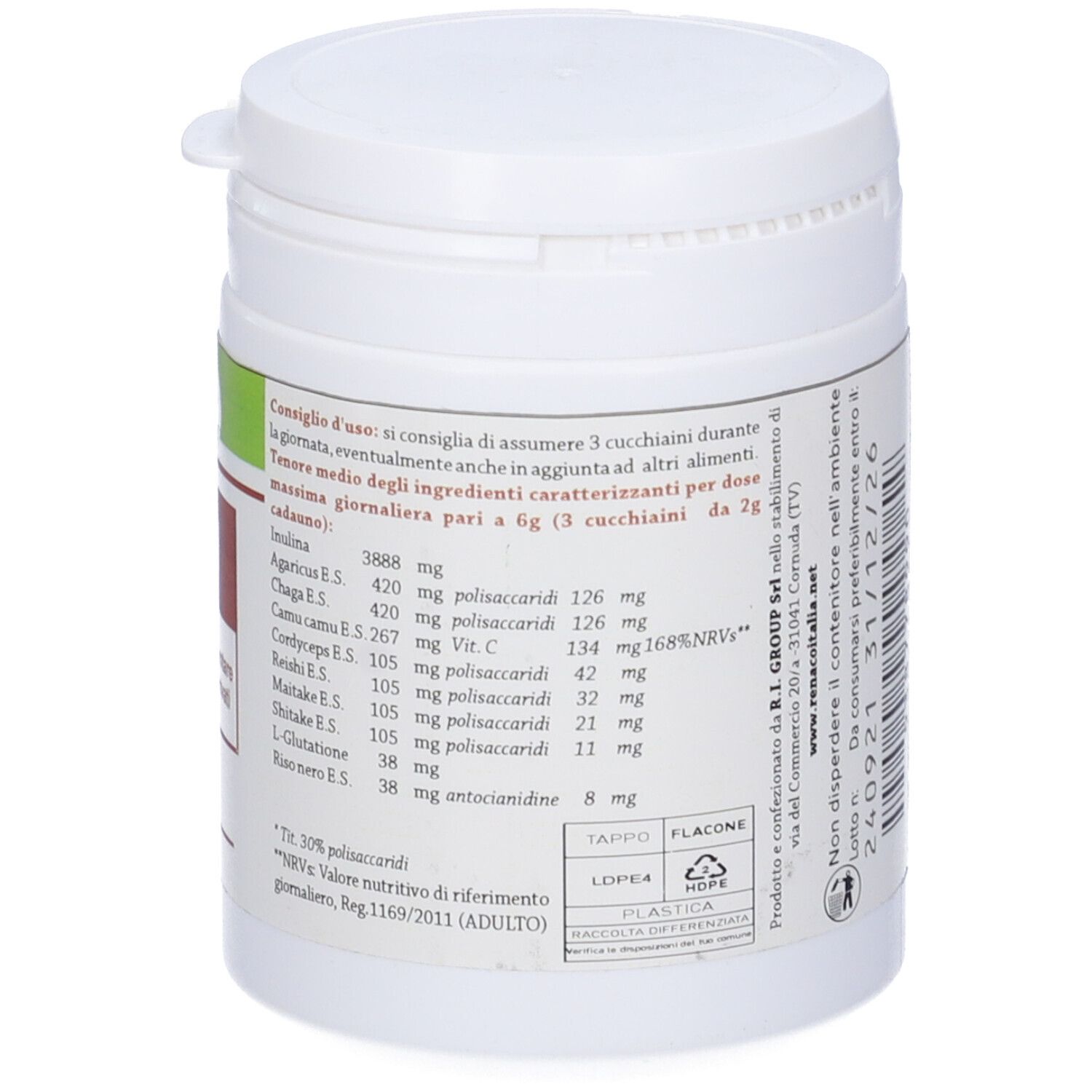 Contenitore bianco con etichetta verde-marrone. Scritta MTH, Integratore alimentare con piante e derivati. 100 g. Elenco ingredienti.