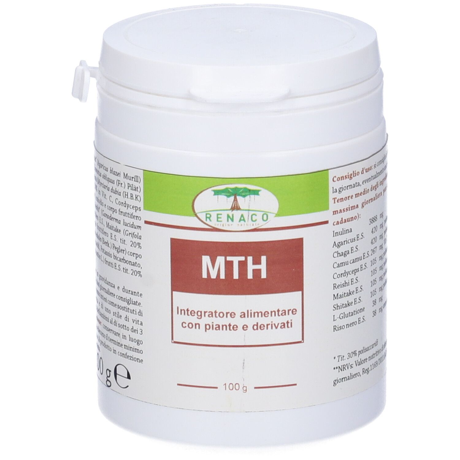 Contenitore bianco con etichetta verde-marrone. Scritta MTH, Integratore alimentare con piante e derivati. 100 g. Elenco ingredienti.