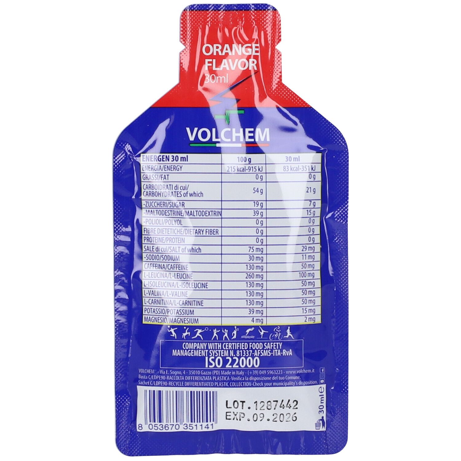 Retro del pacco gel con informazioni nutrizionali e lista ingredienti. Contiene certificazione ISO 22000. Scadenza: 09.2026.