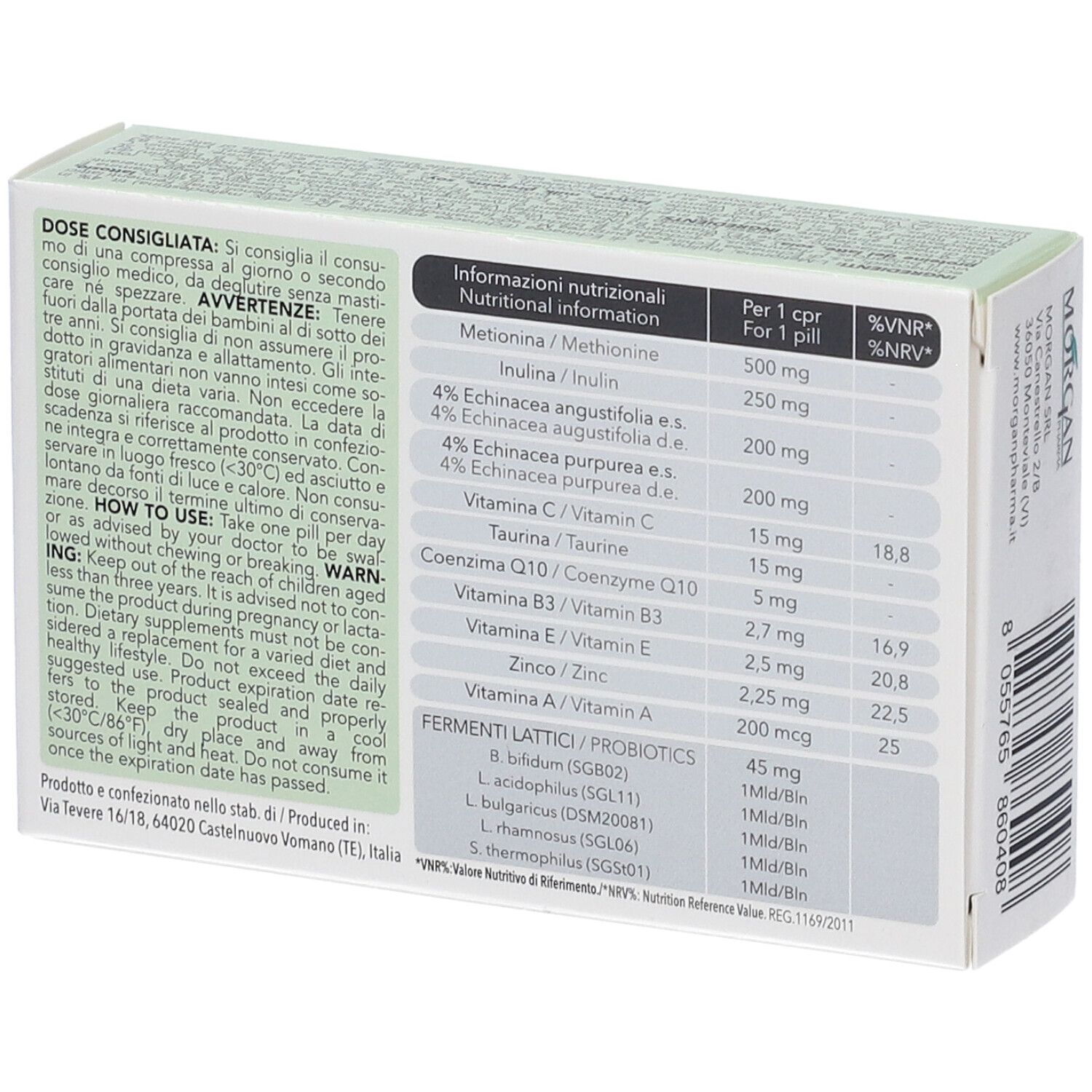 Retro della scatola Immuno Skin PLUS. Contiene informazioni nutrizionali e istruzioni per l'uso.