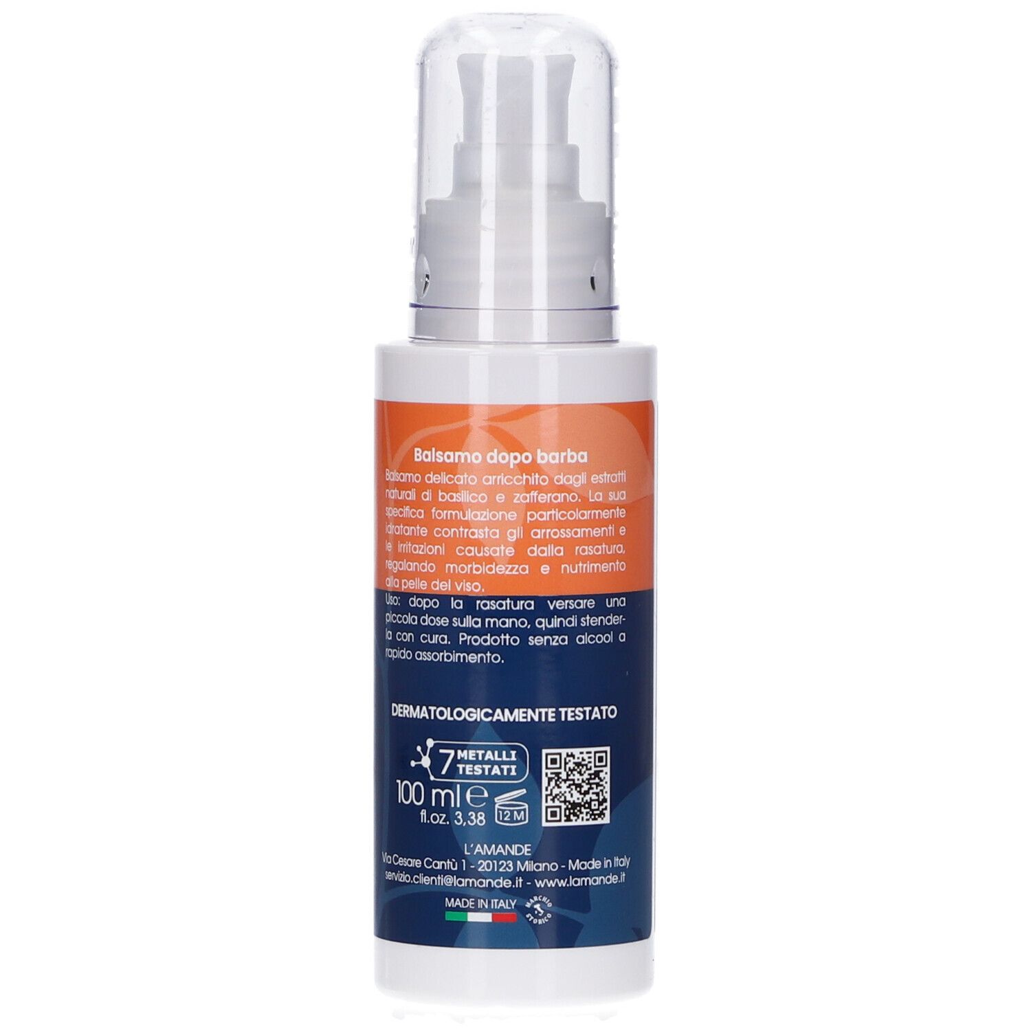 Flacone bianco con dosatore a pompa. Stampa arancione e blu. Testo: Balsamo dopo barba, 7 Metalli Testati, 100 ml.
