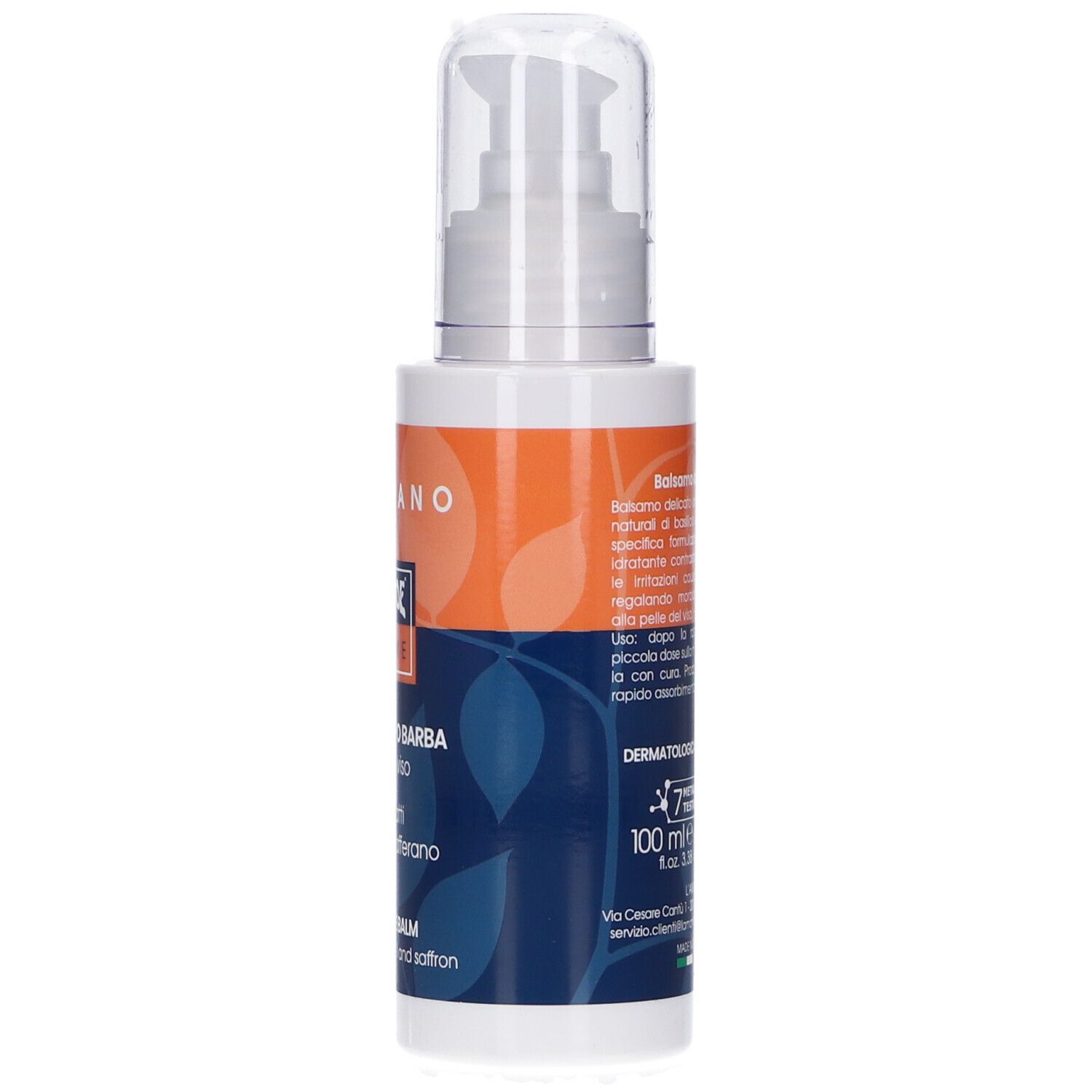 Flacone bianco con dosatore a pompa. Stampa arancione e blu. Testo: Zafferano, L'Amande Homme, Balsamo dopo barba, 100 ml.