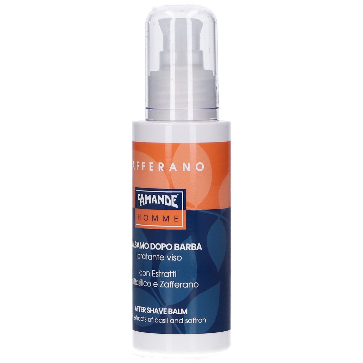 Flacone bianco con dosatore a pompa. Stampa arancione e blu. Testo: Zafferano, L'Amande Homme, Balsamo dopo barba, After shave balm.
