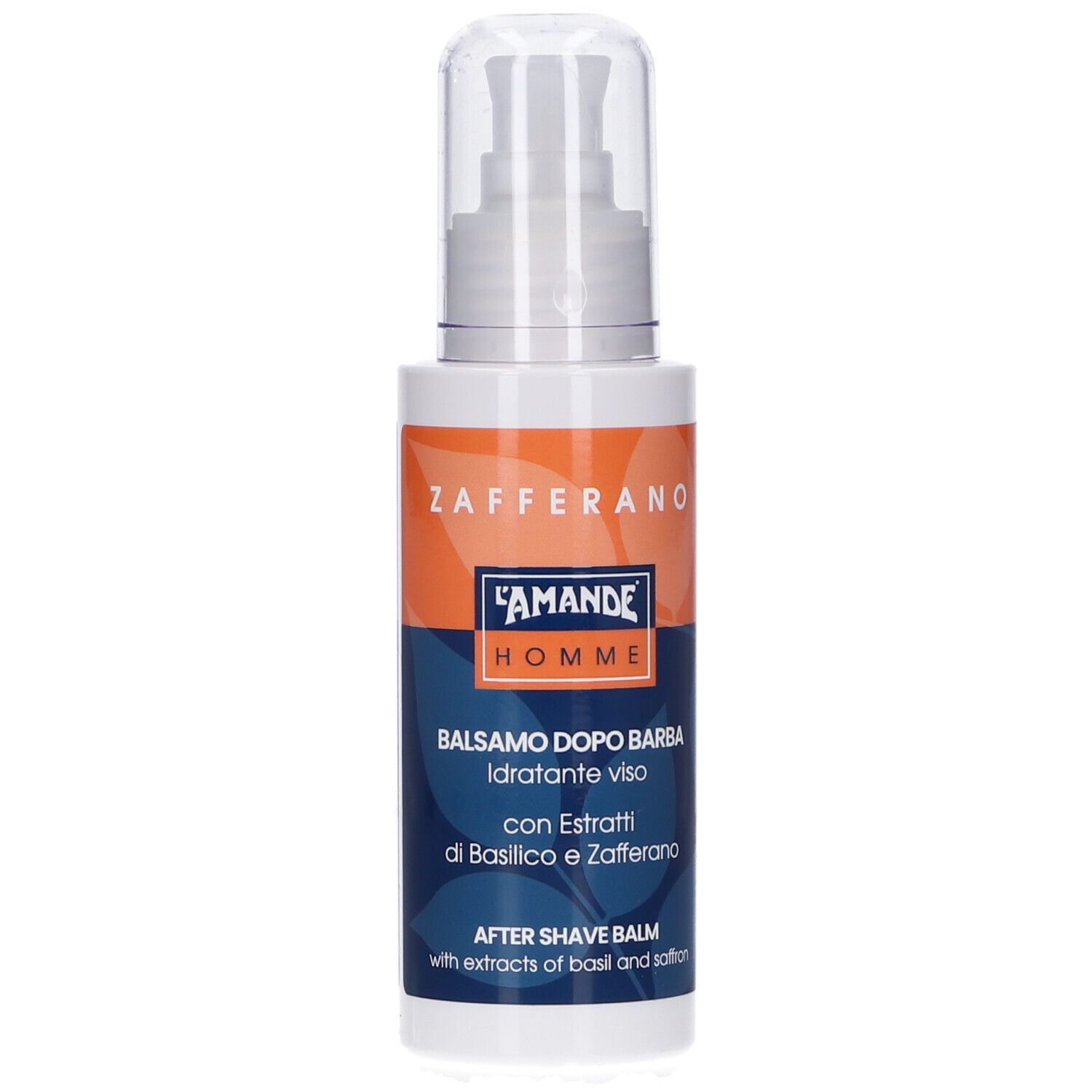 Flacone bianco con dosatore a pompa. Stampa arancione e blu. Testo: Zafferano, L'Amande Homme, Balsamo dopo barba, After shave balm.