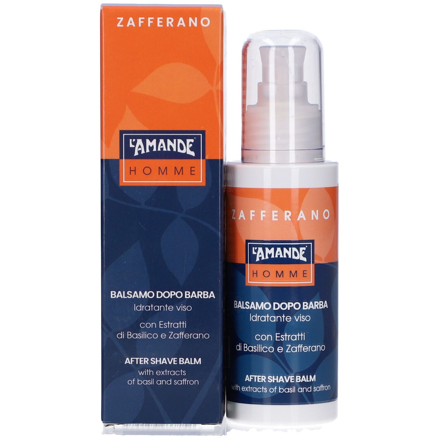 Confezione e flacone. Confezione: Arancione e blu. Flacone: Bianco con dosatore a pompa. Testo: L'Amande Homme, Balsamo dopo barba.