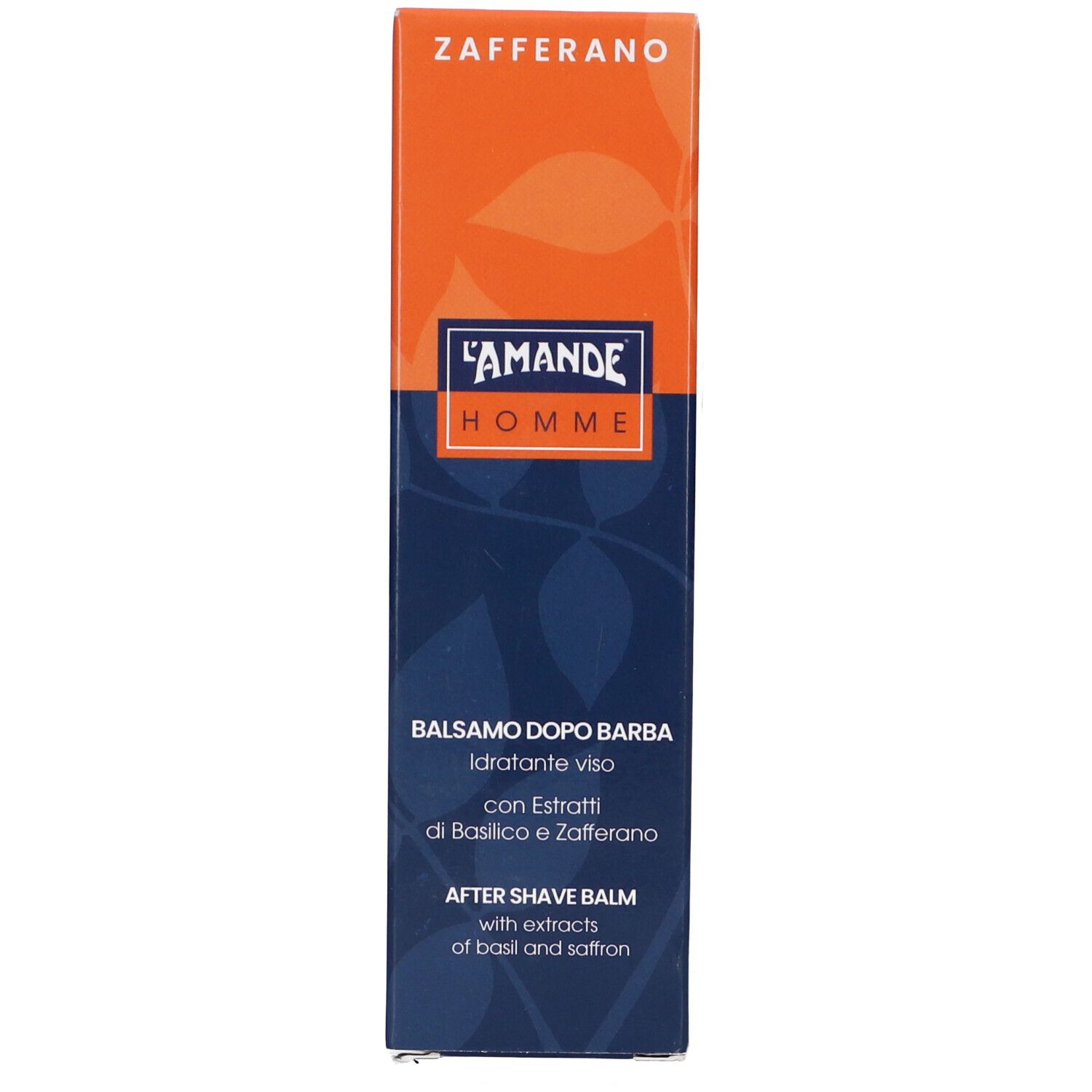 Confezione del prodotto. Arancione e blu. Testo: Zafferano, L'Amande Homme, Balsamo dopo barba, After shave balm.