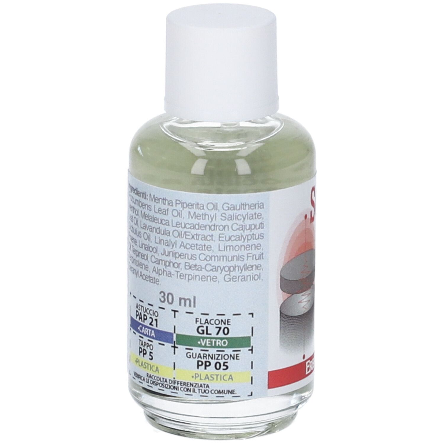 Retro della bottiglia di olio. Etichetta con ingredienti, indicazione volume e simboli riciclo.