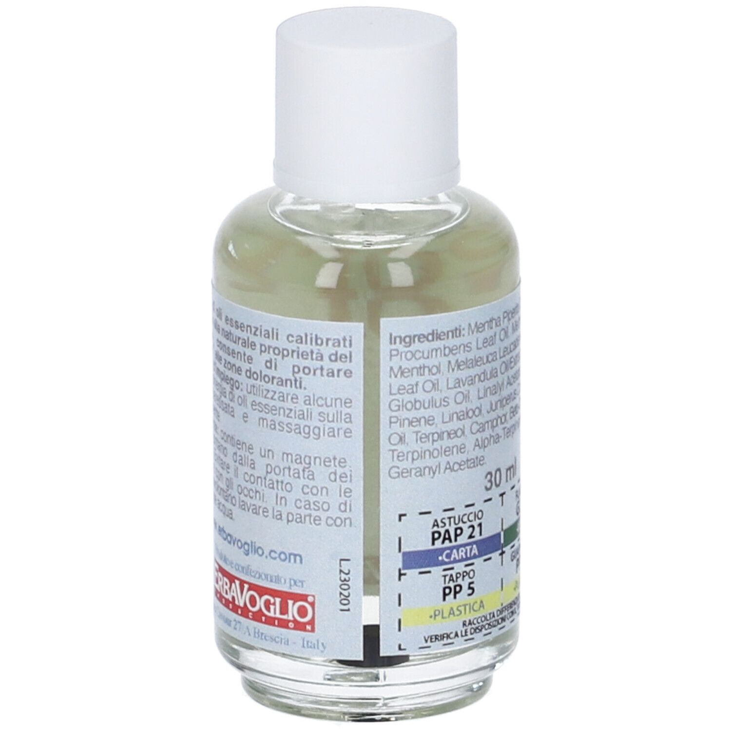 Retro della bottiglia di olio. Etichetta con ingredienti, indicazione volume e simboli riciclo.