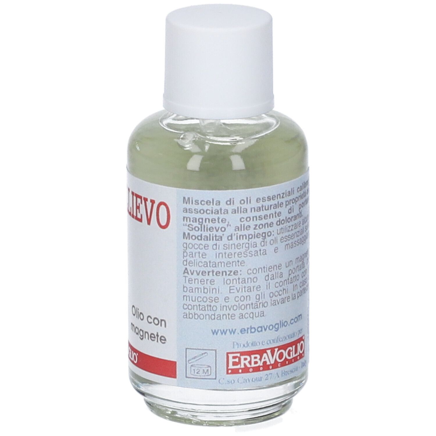 Bottiglia di olio con etichetta. Testo: Sollievo, Olio con magnete. Marchio: ErbaVoglio.