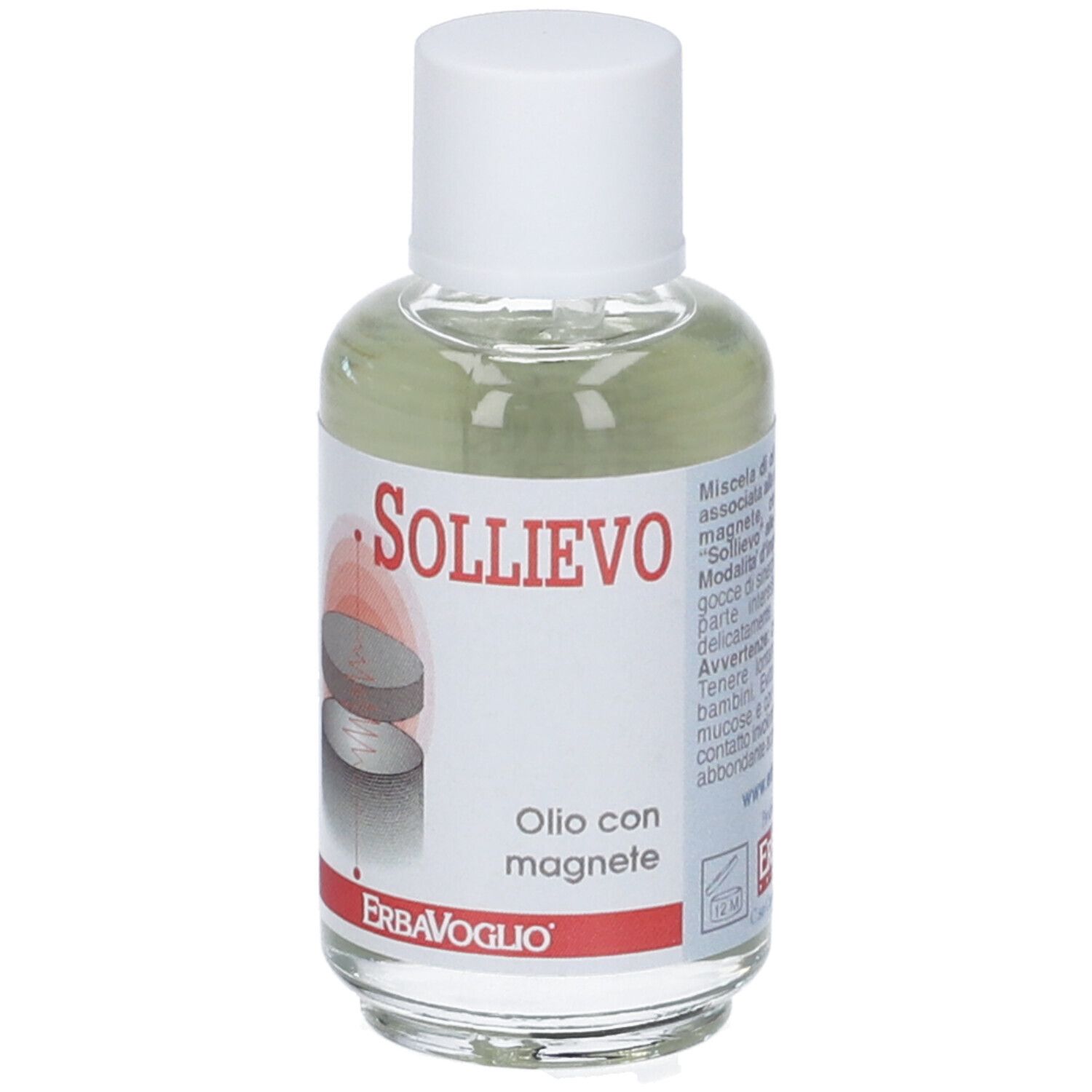 Bottiglia di olio con etichetta. Testo: Sollievo, Olio con magnete. Marchio: ErbaVoglio.