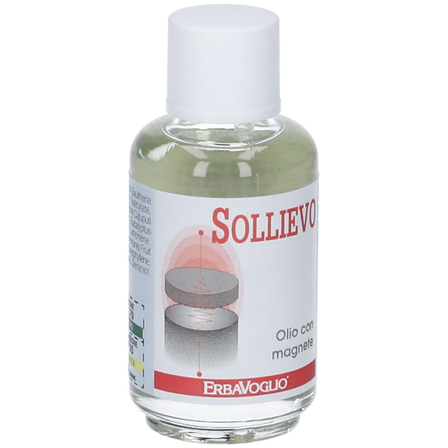 Bottiglia di olio con etichetta. Testo: Sollievo, Olio con magnete. Marchio: ErbaVoglio.