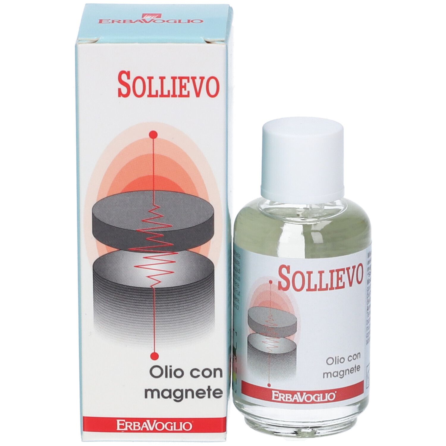 Bottiglia di olio e confezione. Bottiglia: Sollievo, Olio con magnete. Confezione: Sollievo, illustrazione magnete.