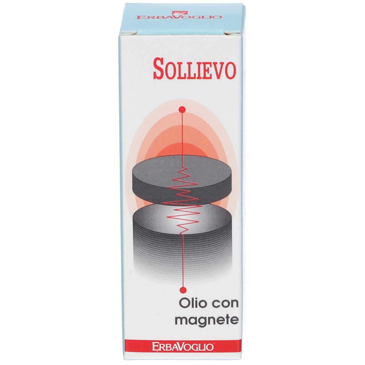 Confezione. Testo: Sollievo, Olio con magnete. Illustrazione magnete. Marchio: ErbaVoglio.