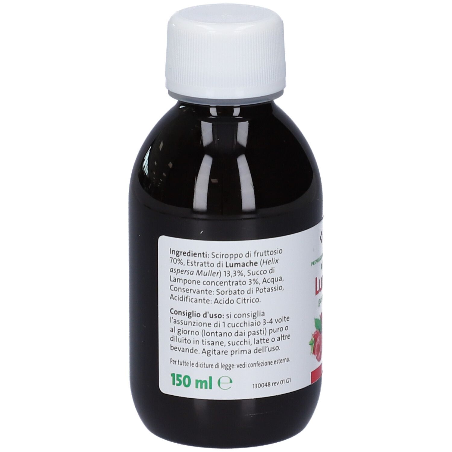 Retro del flacone con tappo bianco. Testo con ingredienti e istruzioni per l'uso. Liquido nero.
