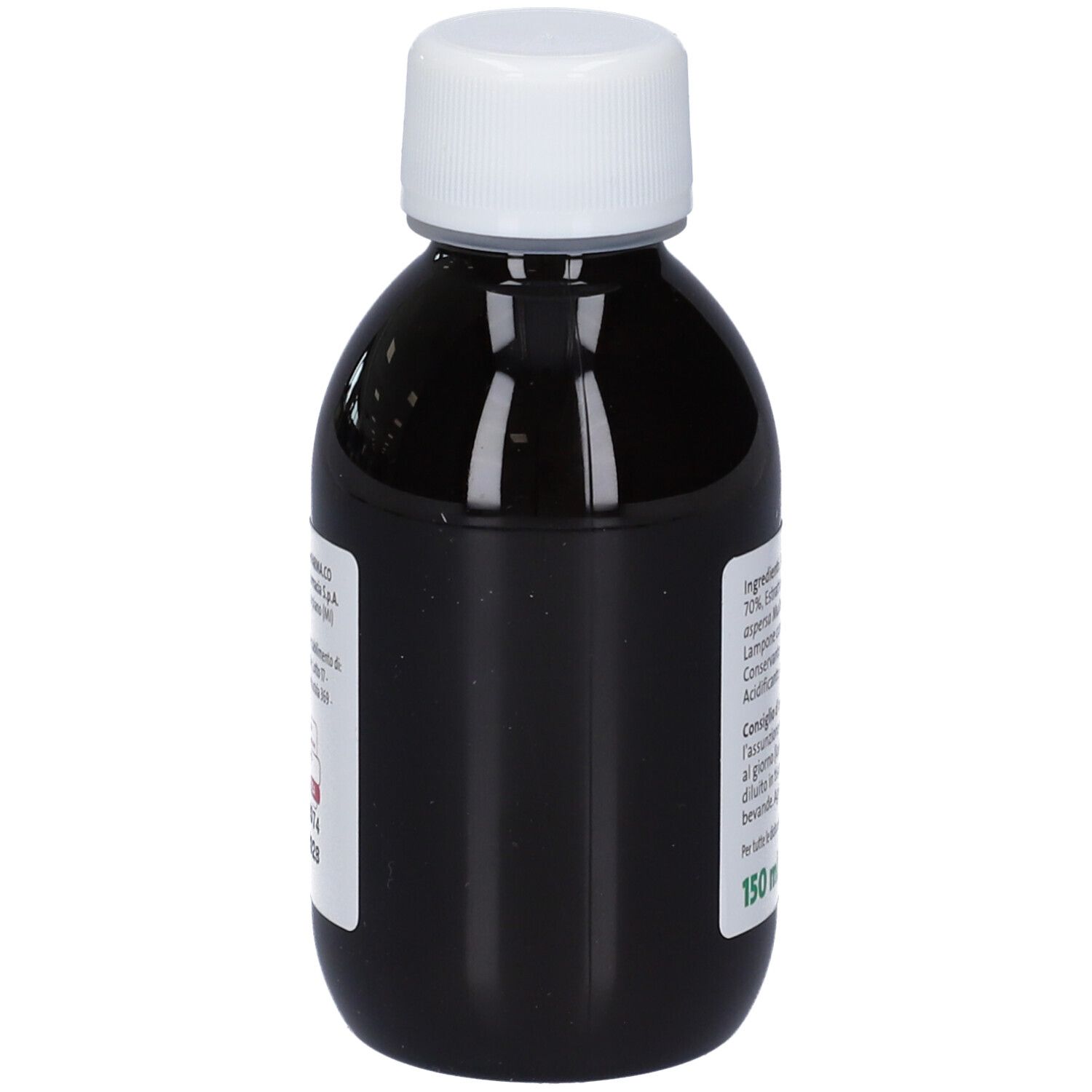 Flacone con tappo bianco. Liquido nero. Etichetta con informazioni sul prodotto. Vista posteriore.