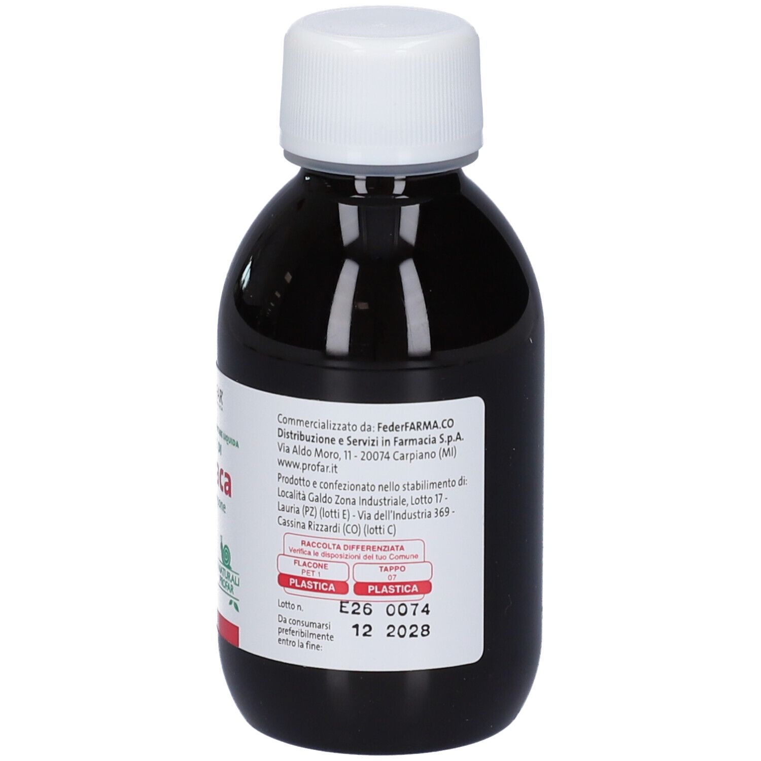 Flacone con tappo bianco. Etichetta con informazioni produttore e data di scadenza. Liquido nero.