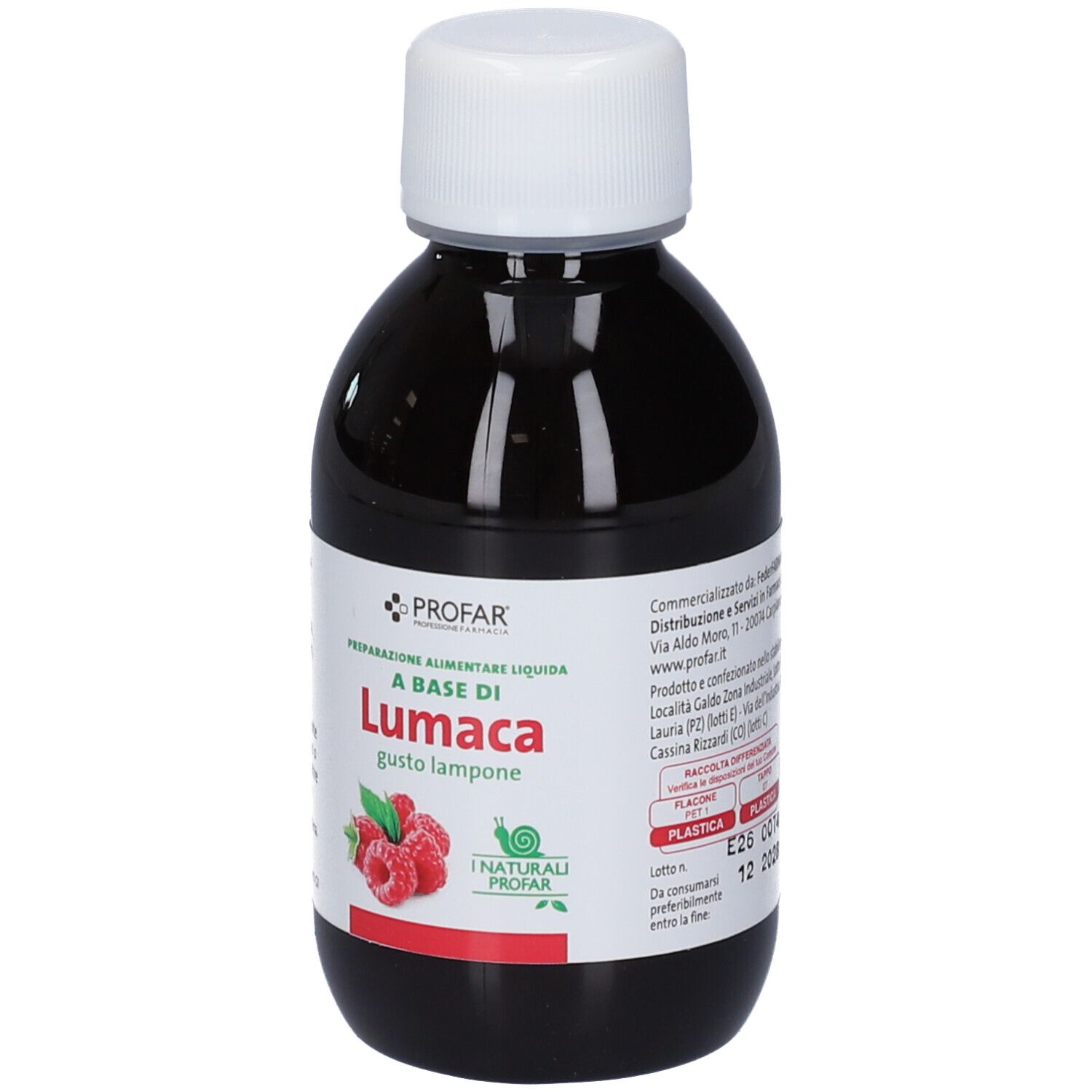 Flacone con tappo bianco. Etichetta con nome prodotto, lamponi e logo. Liquido nero visibile.