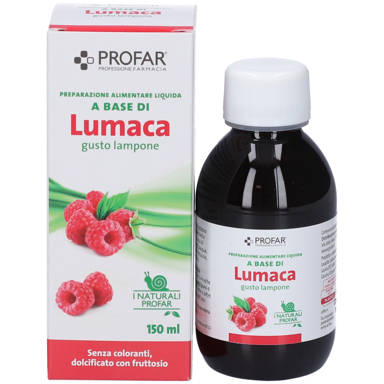 Flacone e confezione del prodotto. Confezione con nome prodotto, lamponi e logo. Flacone accanto.