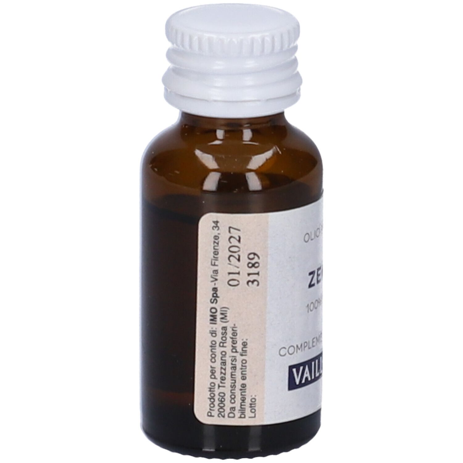 Flacone di vetro marrone con tappo bianco. Etichetta con informazioni sul prodotto e data di scadenza. 10ml.