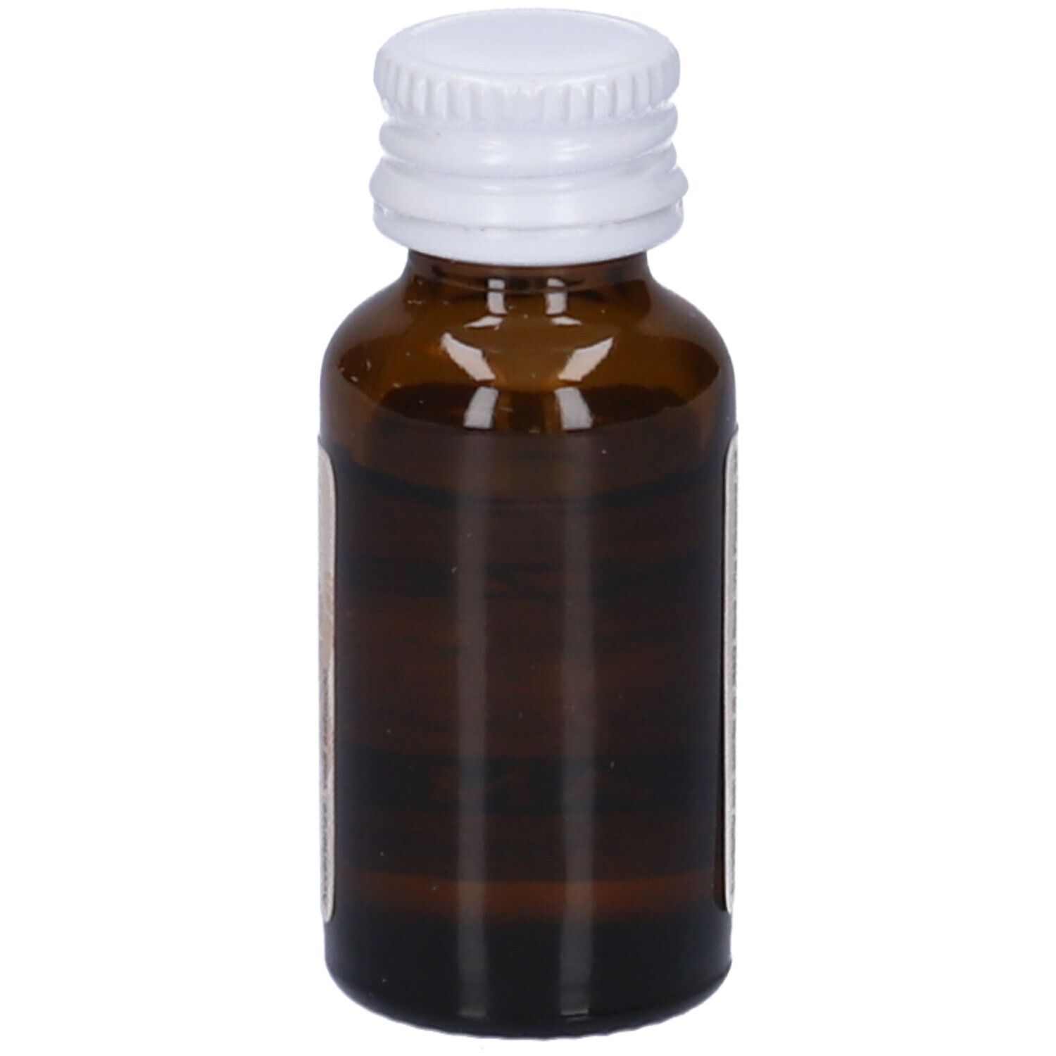 Flacone di vetro marrone con tappo bianco. Nessuna etichetta visibile.