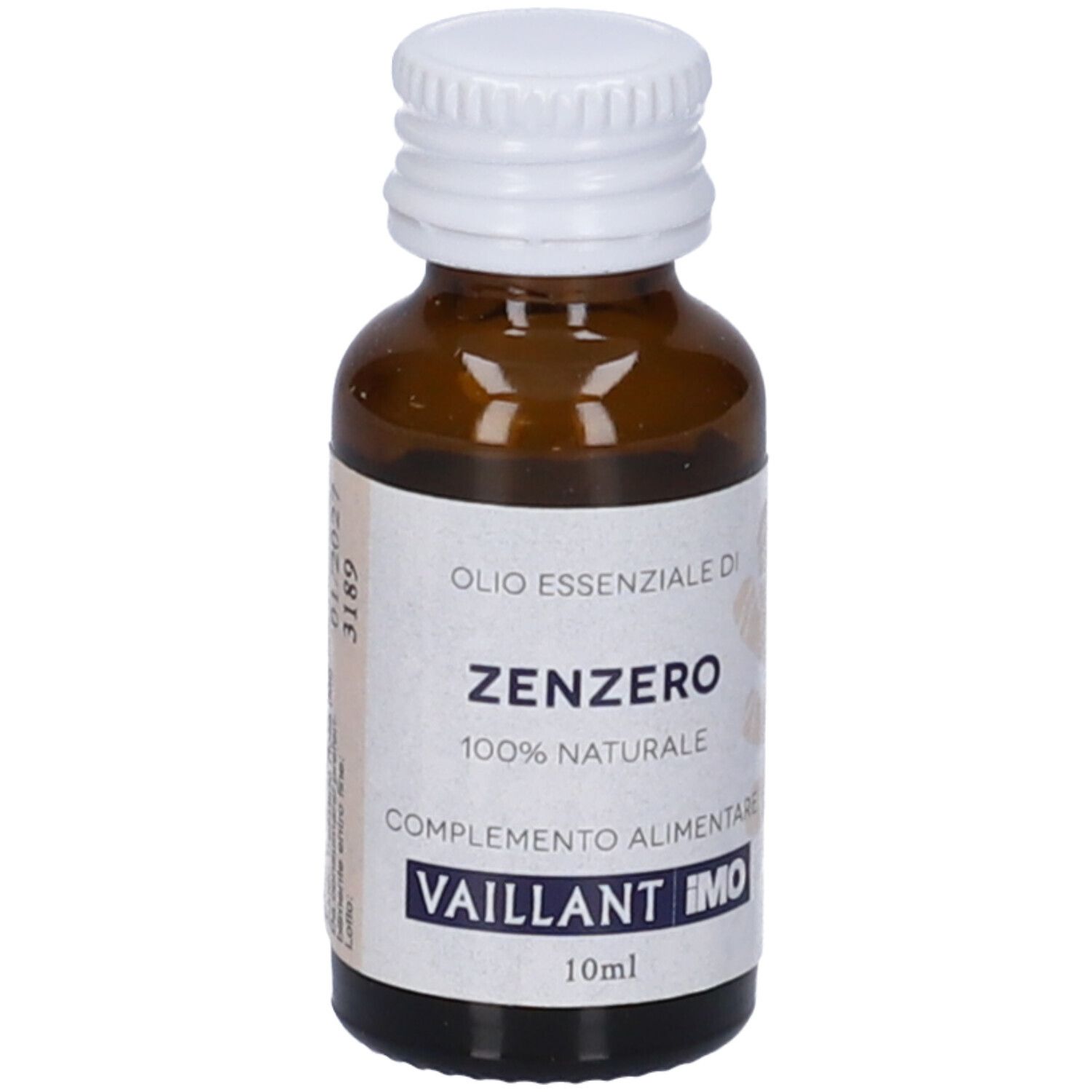 Flacone di vetro marrone con tappo bianco. Etichetta con informazioni sul prodotto e data di scadenza. 10ml.