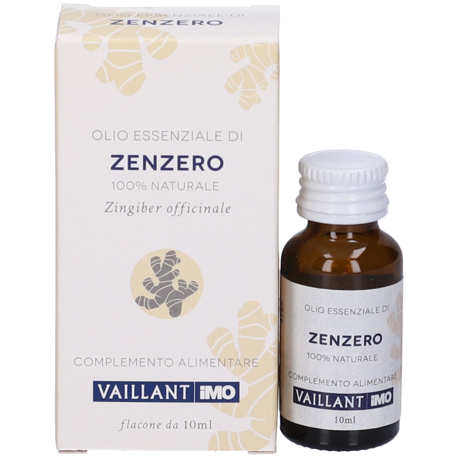 Flacone di vetro marrone con tappo bianco accanto a una scatola bianca. Scatola con nome del prodotto e logo del marchio. 10ml.