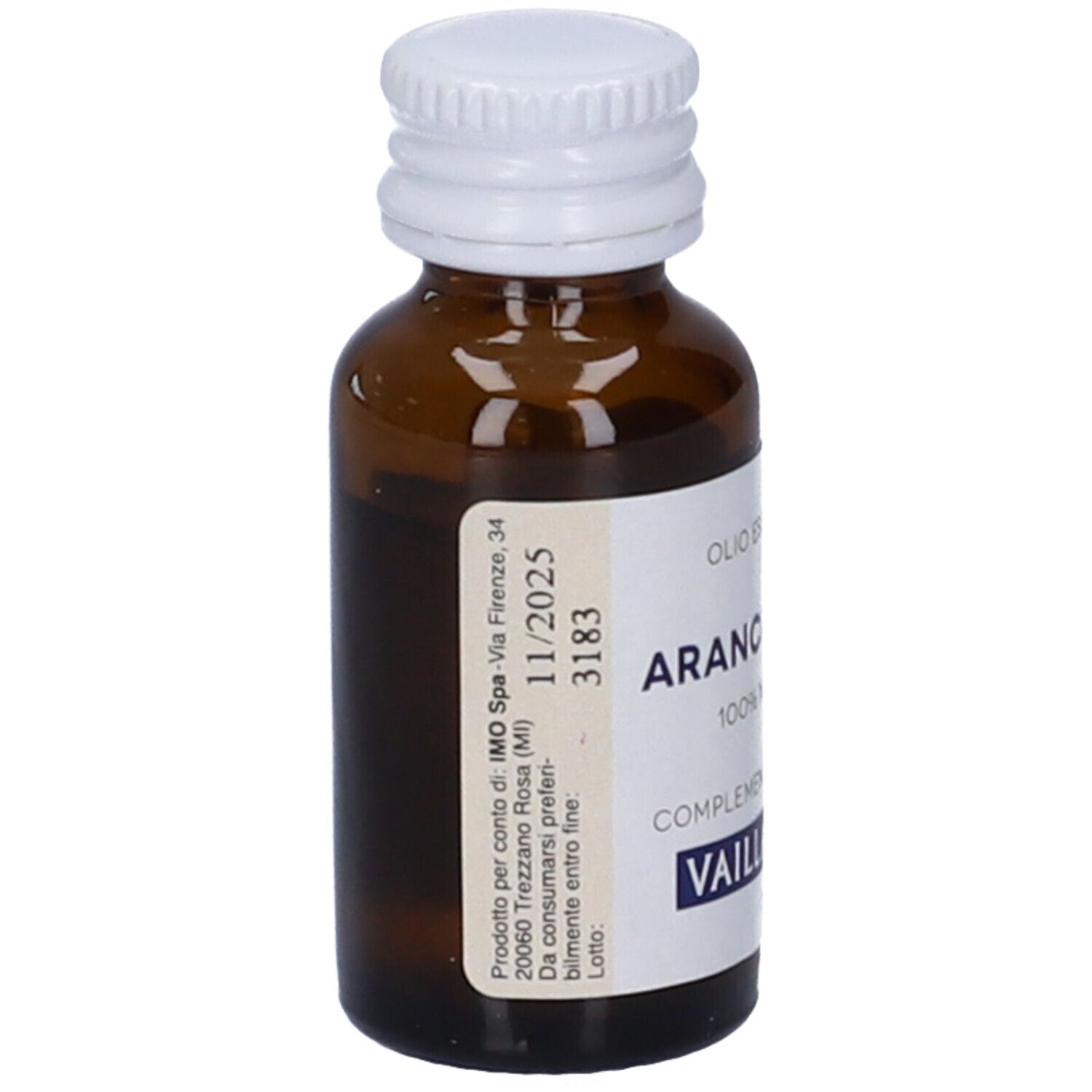 Flacone di vetro marrone con tappo bianco. Etichetta con testo: Arancio Dolce, 100% naturale, Vaillant IMO. 10ml. Scadenza: 11/2025.