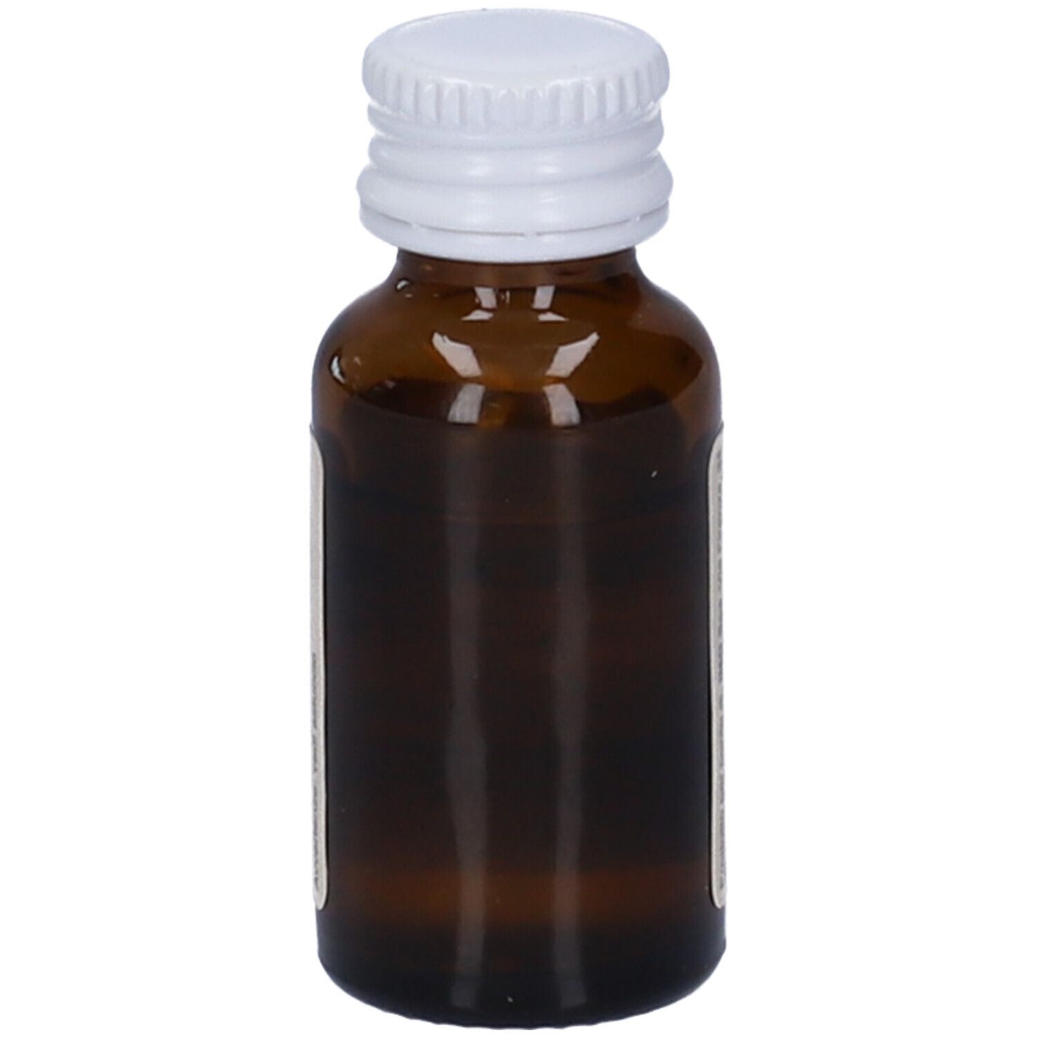 Flacone di vetro marrone con tappo bianco. Etichetta sul lato.