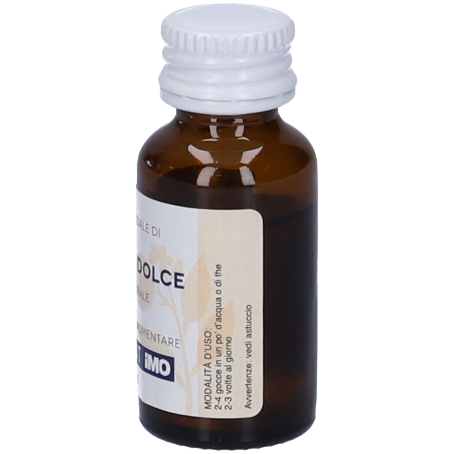 Flacone di vetro marrone con tappo bianco. Etichetta con testo: Arancio Dolce, 100% naturale, Vaillant IMO. Istruzioni per l'uso.