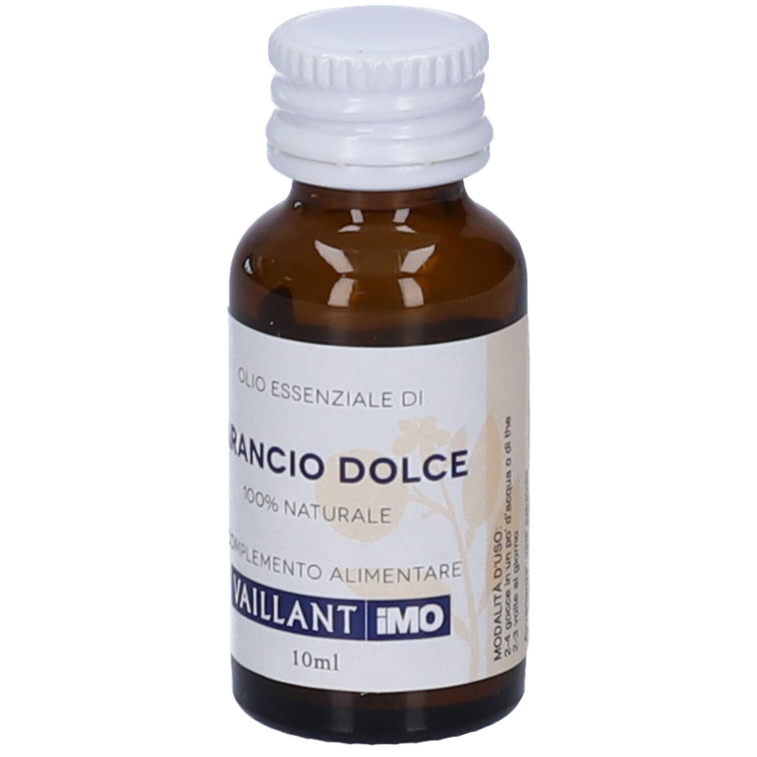 Flacone di vetro marrone con tappo bianco. Etichetta con testo: Arancio Dolce, 100% naturale, Vaillant IMO. 10ml. Istruzioni per l'uso.