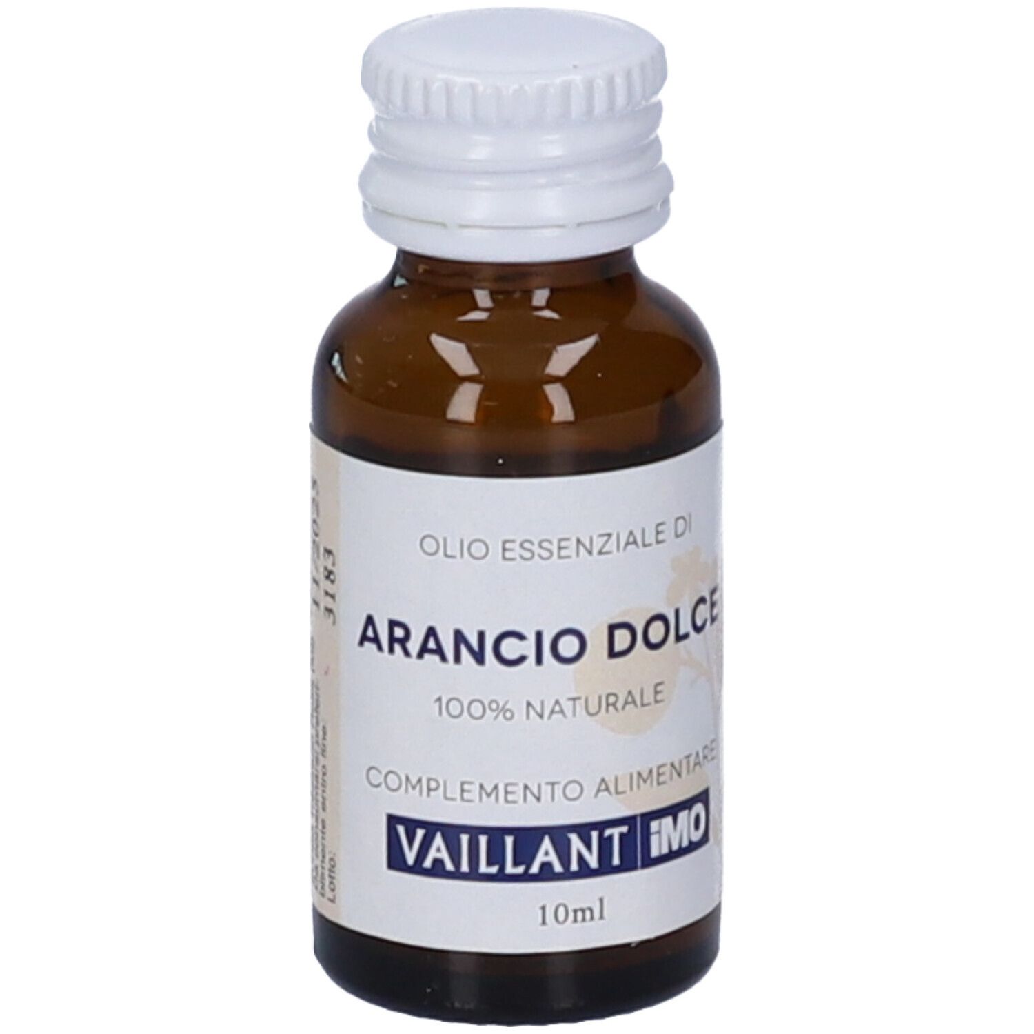 Flacone di vetro marrone con tappo bianco. Etichetta con testo: Arancio Dolce, 100% naturale, Vaillant IMO. 10ml.