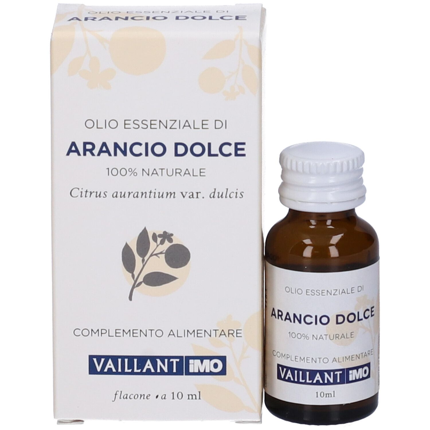 Flacone di vetro marrone con tappo bianco e scatola. Scatola con testo: Arancio Dolce, 100% naturale, Vaillant IMO. 10ml.