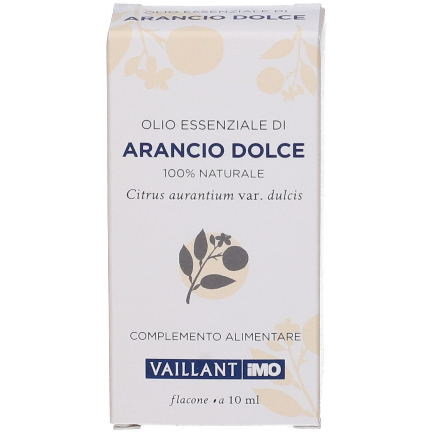 Scatola con testo: Arancio Dolce, 100% naturale, Citrus aurantium var. dulcis, Vaillant IMO. 10ml.